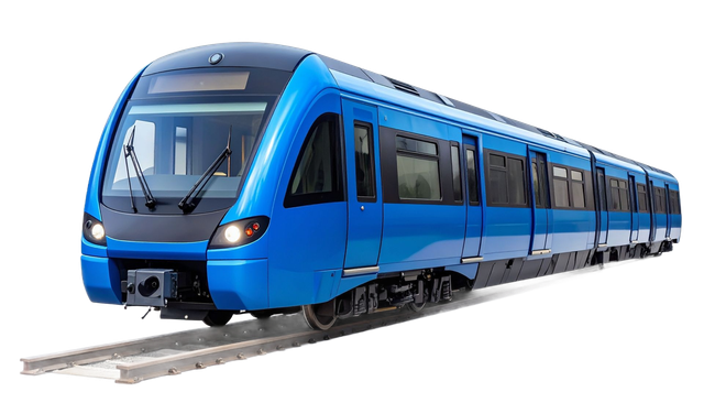 Train de voyageurs moderne bleu sur les rails, vu de l'avant gauche.