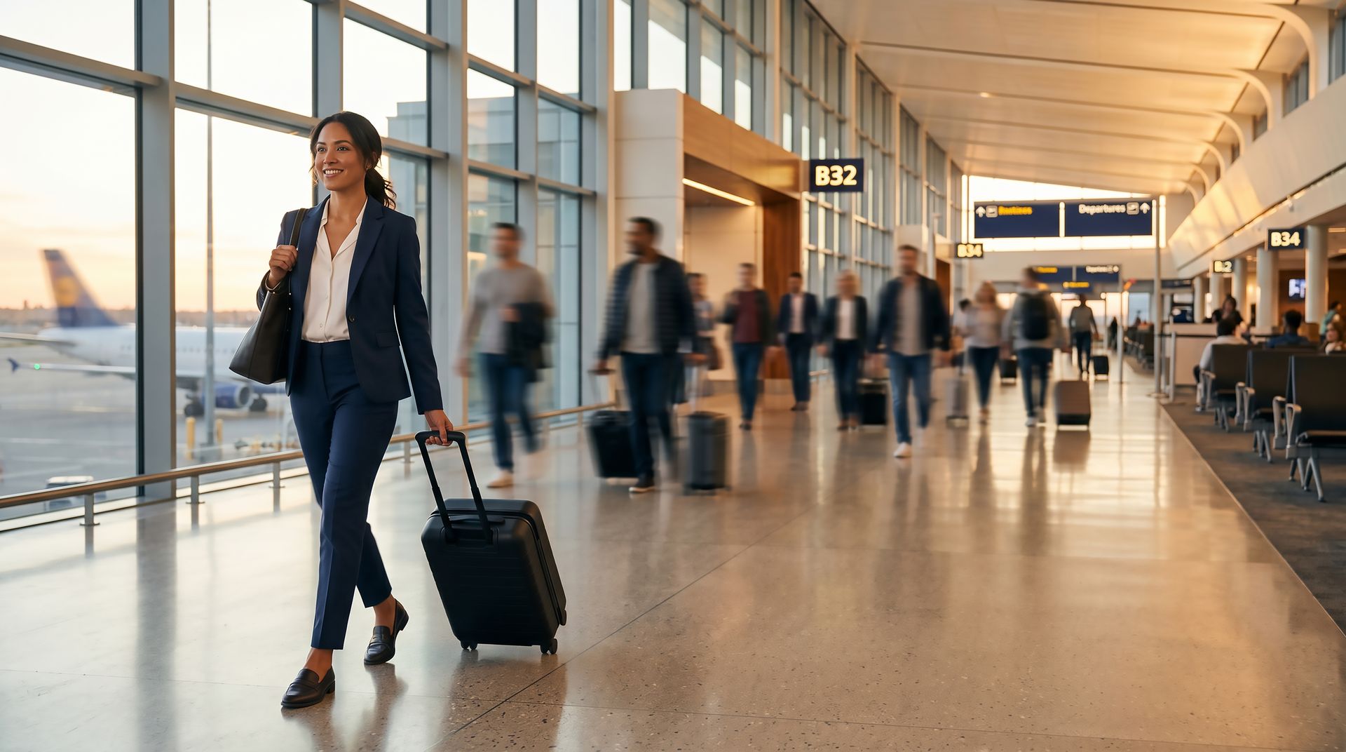 Un voyageur tire une valise dans un terminal d'aéroport lumineux, avec des passagers flous en arrière-plan.
