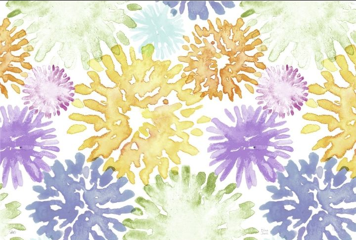 Diseño floral en acuarela pastel con flores amarillas, moradas, verdes y azules sobre fondo blanco.