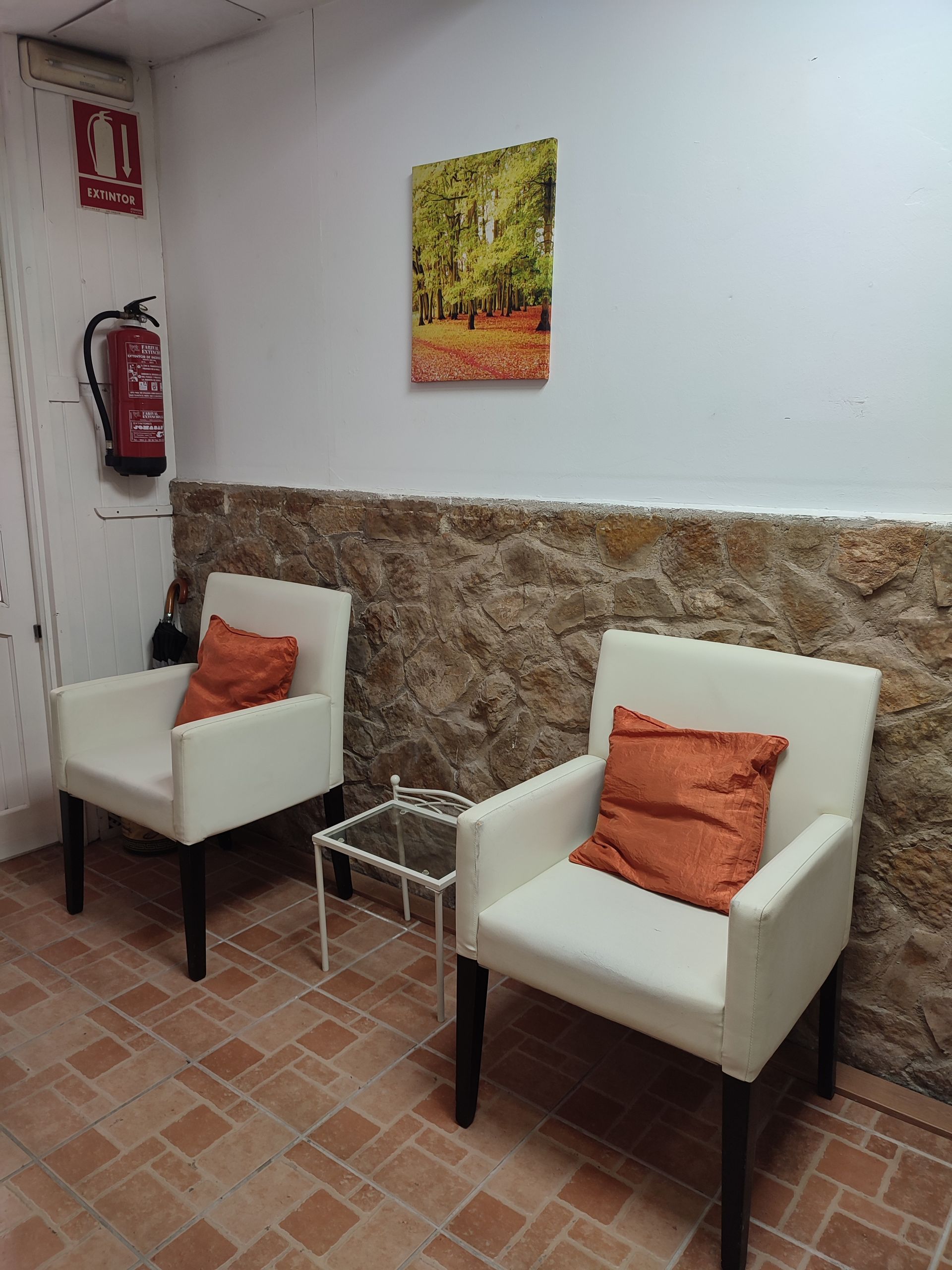 Dos sillones blancos con cojines naranjas se encuentran uno frente al otro cerca de una mesa pequeña. Una escena de la naturaleza cuelga de la pared blanca superior, y a la izquierda hay un extintor.
