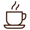 Dibujo de líneas marrones de una taza de café de la que sale vapor y que reposa sobre un platillo.