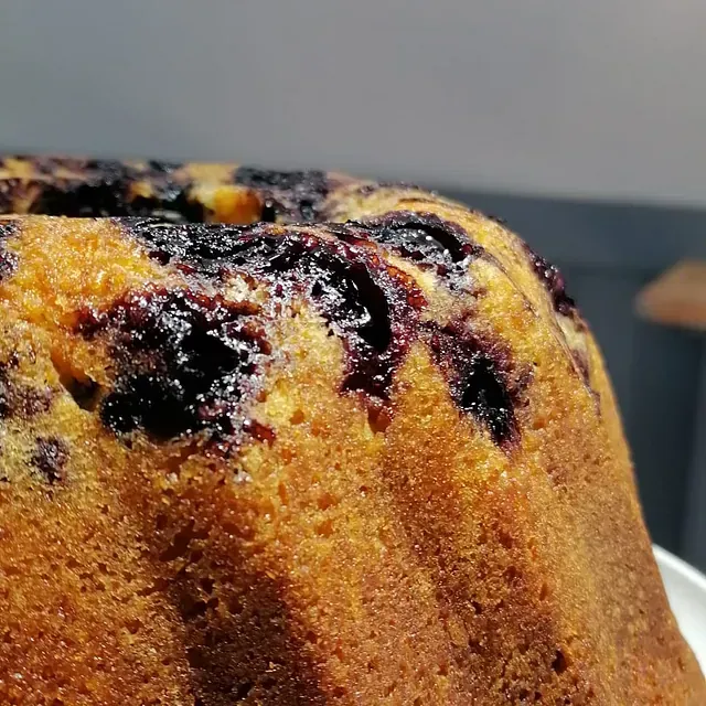 Primer plano de un pastel Bundt de color marrón dorado con arándanos de color morado oscuro horneados en la masa, apoyado sobre un plato blanco.