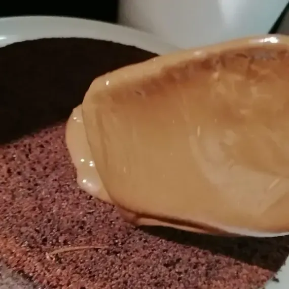 Una cucharada de salsa de caramelo rociada sobre un pastel de chocolate negro en un plato blanco.
