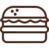 Arte lineal marrón de una hamburguesa, que muestra el pan, la hamburguesa y los ingredientes.