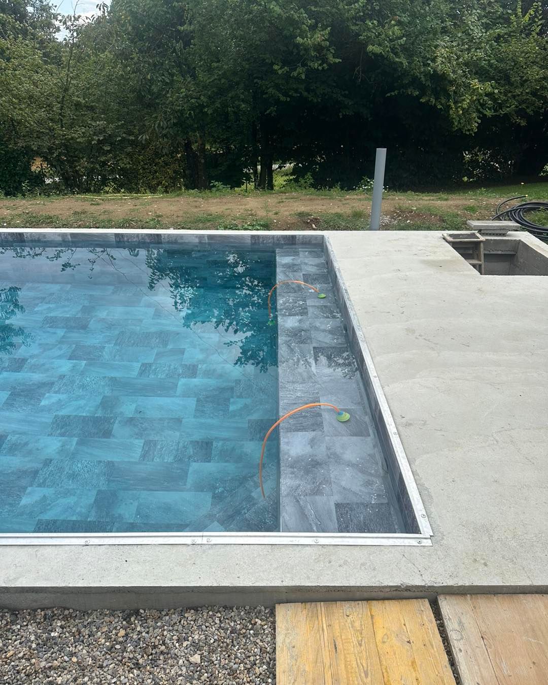 Piscine avec intérieur carrelé bleu, terrasse en béton et arbres environnants.