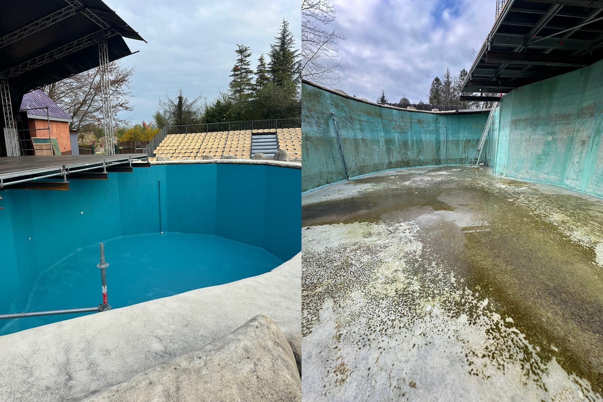 Avant et après rénovation et nettoyage d'une piscine publique.