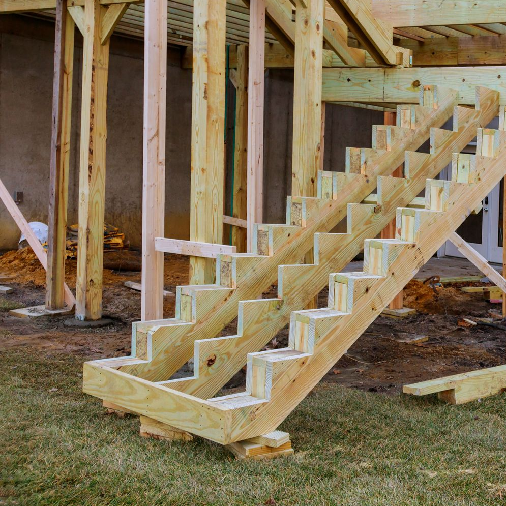 Escalier en bois à l'extérieur d'une terrasse sur pilotis en construction.