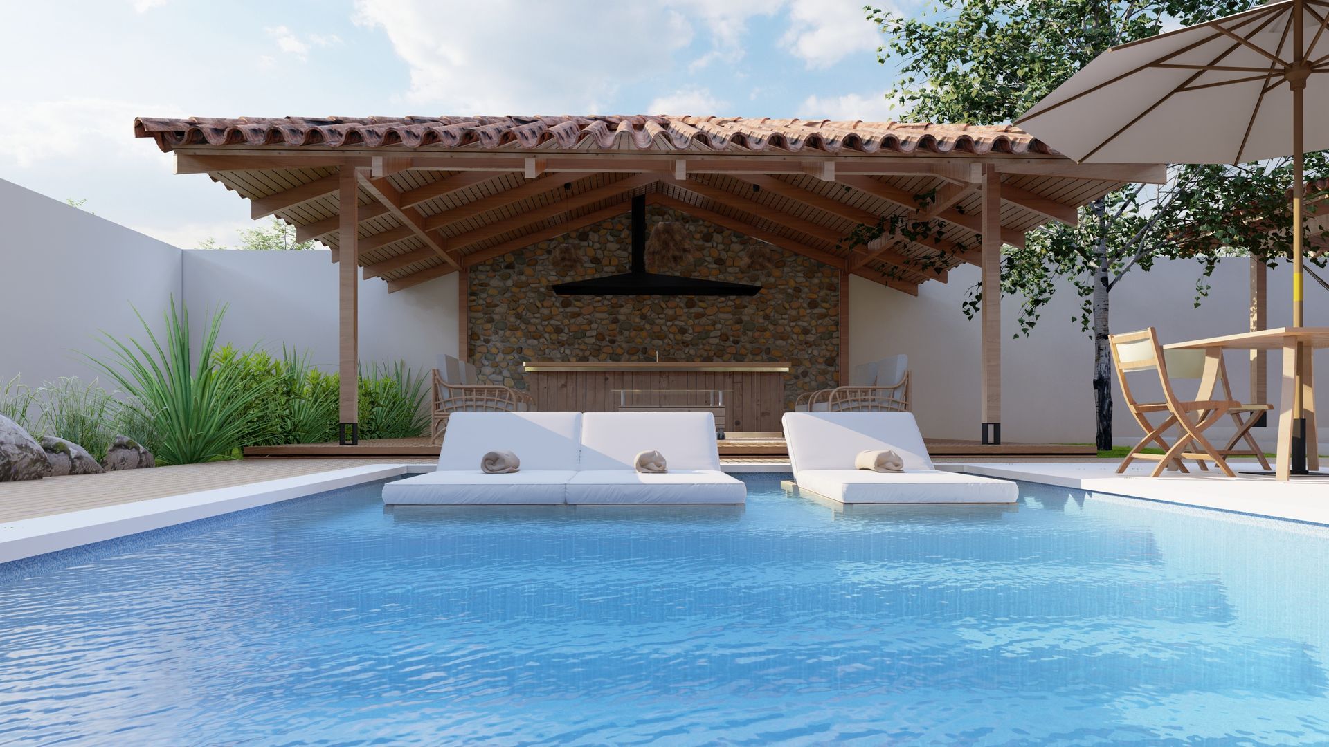 Oasis au bord de la piscine avec un pool house en bois, des chaises longues et un parasol.