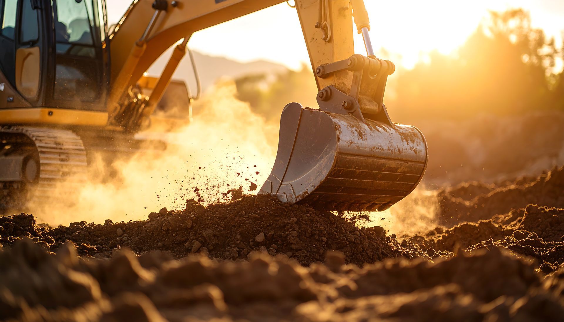 Une pelleteuse au coucher du soleil
