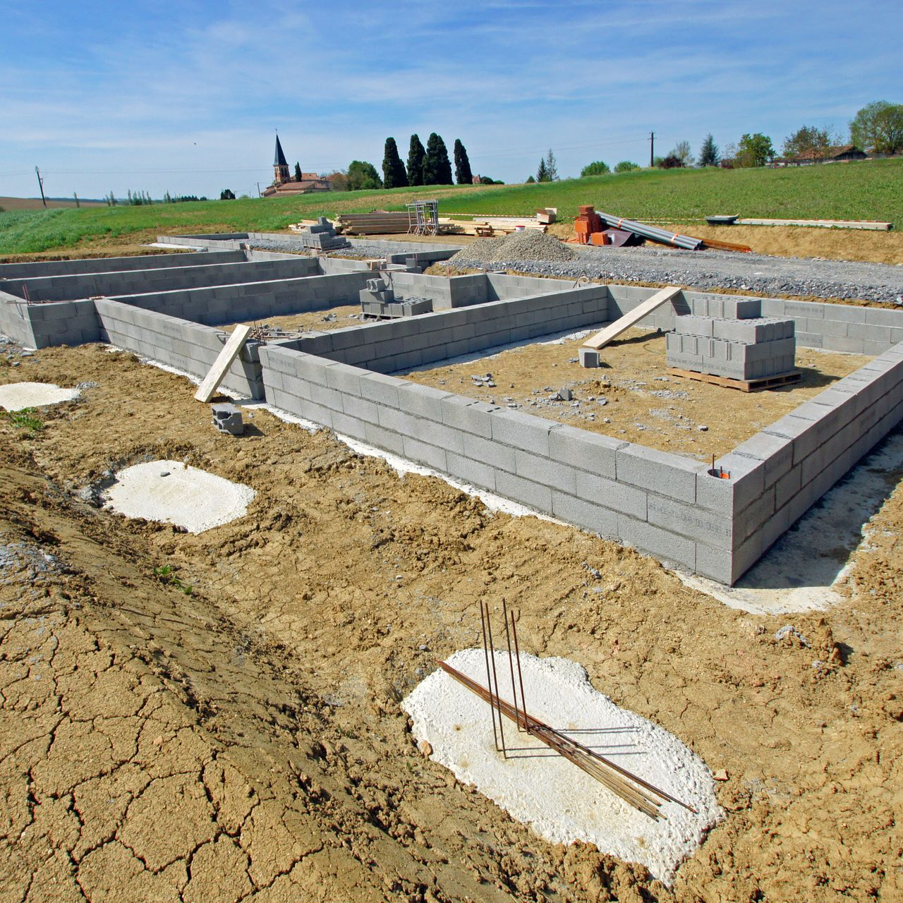 Un terrain avec des fondations de maison