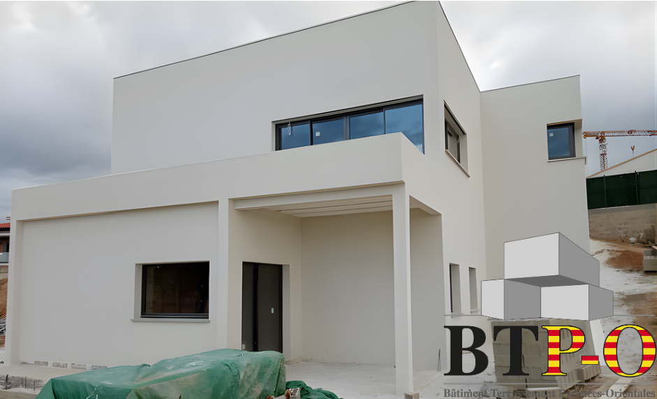 Une maison individuelle neuve avec une allée en béton lissé