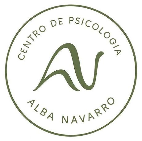 Logo circular verde oliva de Centro de Psicología Alba Navarro con monograma estilizado en el centro