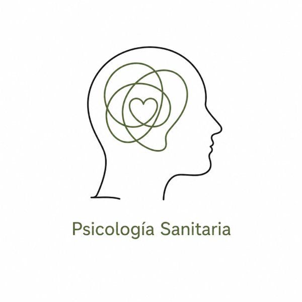 Logo con perfil de cabeza y corazón en líneas verdes; texto “Psicología Sanitaria” debajo.