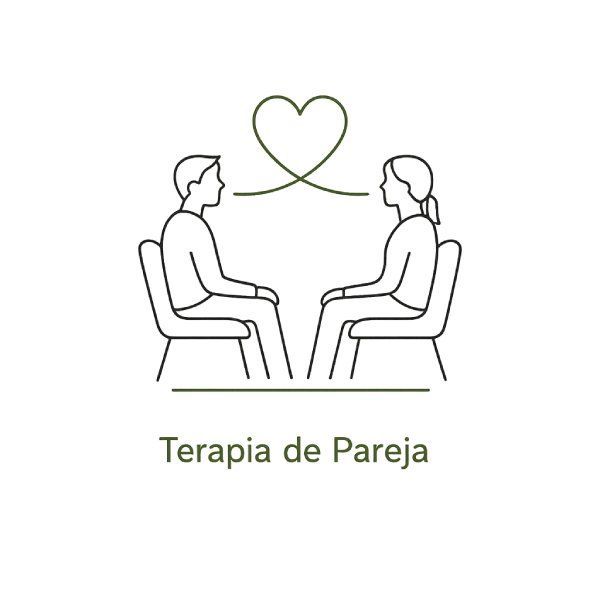 Ilustración de una pareja en una sesión de terapia, con un corazón encima y el texto