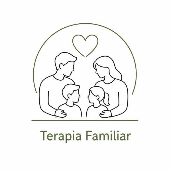 Dibujo lineal de una familia de cuatro personas bajo un corazón con el texto “Terapia Familiar”.