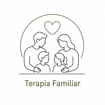 Dibujo lineal de una familia de cuatro personas bajo un corazón con el texto “Terapia Familiar”.