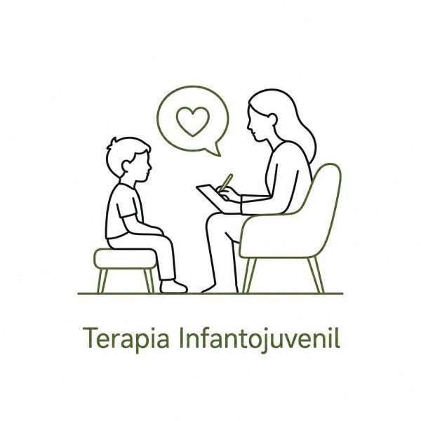 Ilustración de una sesión de terapia con un niño y su terapeuta, bocadillo de diálogo en forma de corazón