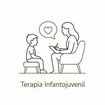 Ilustración de una sesión de terapia con un niño y su terapeuta, bocadillo de diálogo en forma de corazón