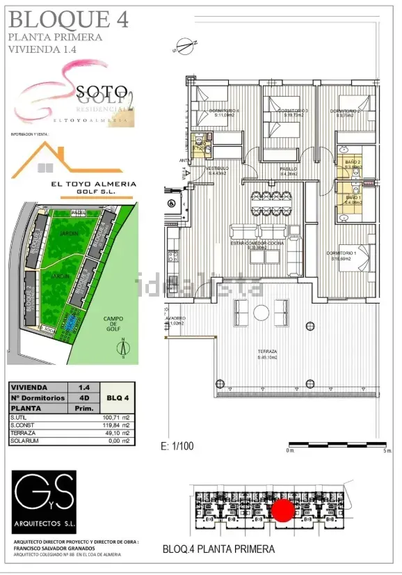Plano de planta de apartamento en primera planta del Bloque 4 con terraza y dos dormitorios.
