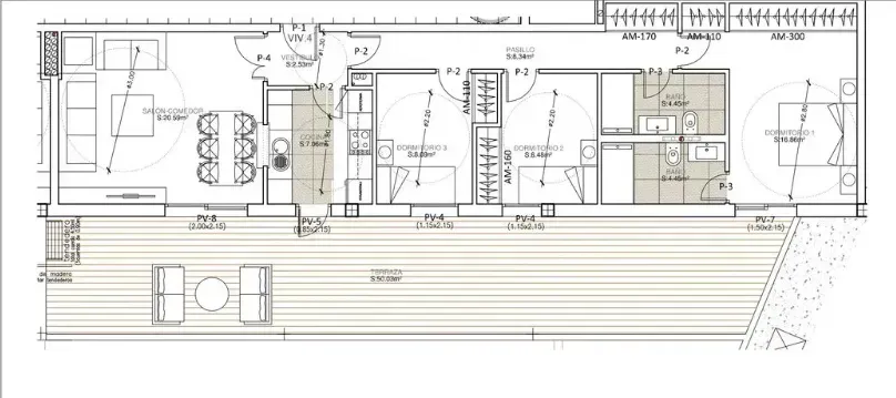 Plano de planta de una casa moderna con sala de estar, comedor, cocina, dormitorios y terraza.