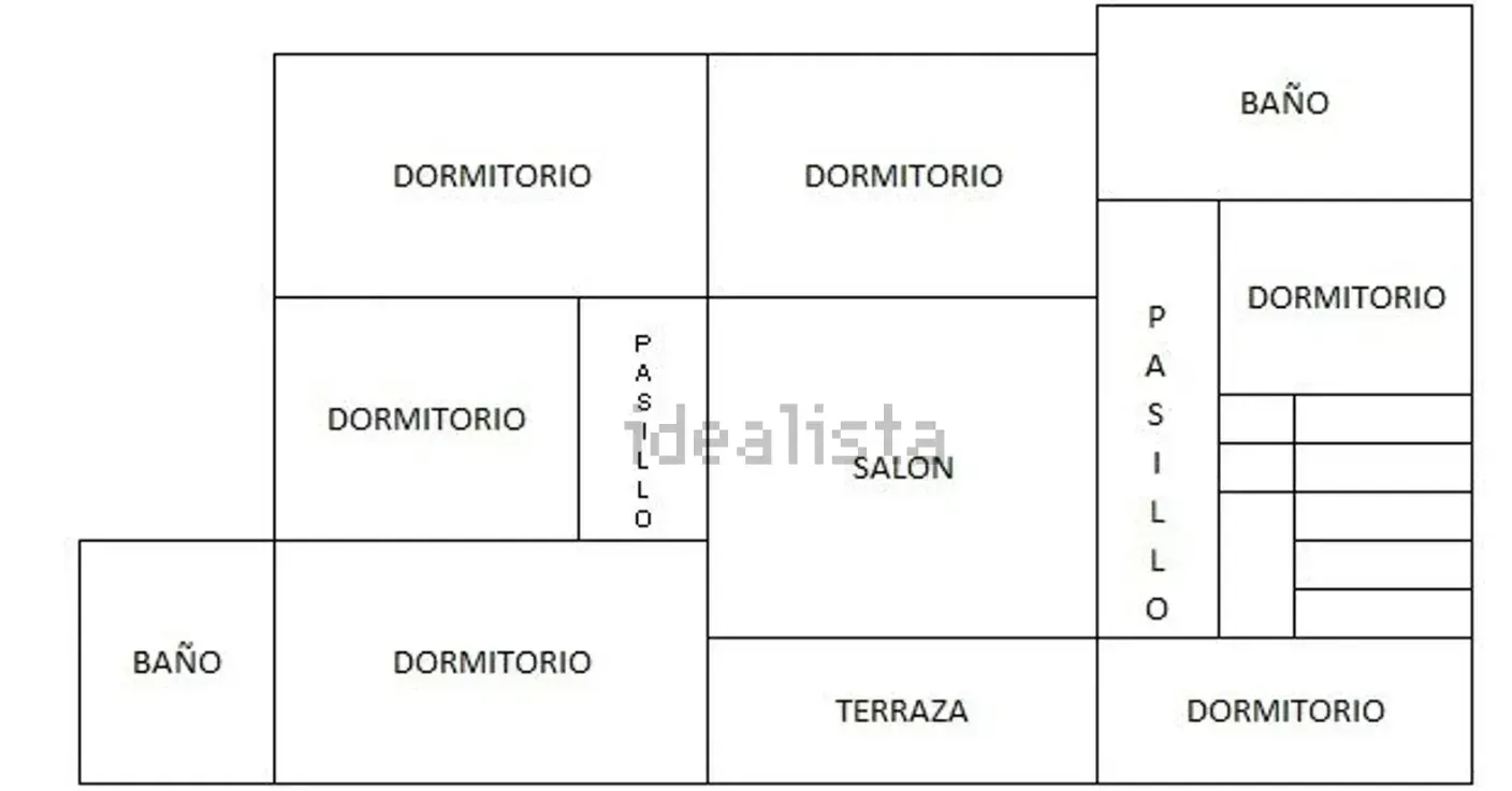 Plano de un edificio con varias estancias denominadas: dormitorios, baños, salón, terraza, pasillo y un patio.