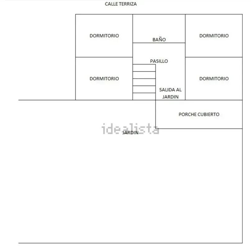 Plano de una casa con cuatro dormitorios, un baño, un pasillo y un porche cubierto.