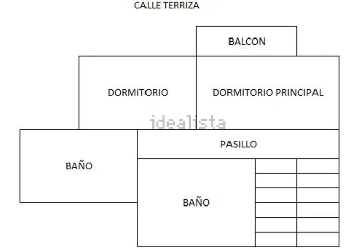 Plano de piso de un apartamento con balcón, dos dormitorios, dos baños y pasillo.