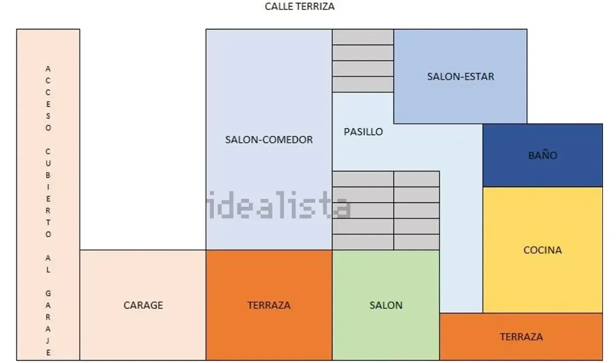 Plano de planta con estancias etiquetadas: garaje, terraza, salón, cocina, baño, pasillo, comedor.