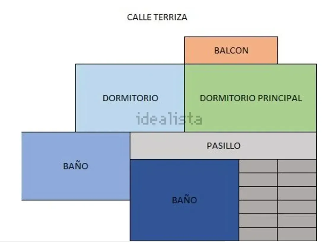 Plano de planta con habitaciones etiquetadas: dormitorio, dormitorio principal, balcón, dos baños y pasillo.