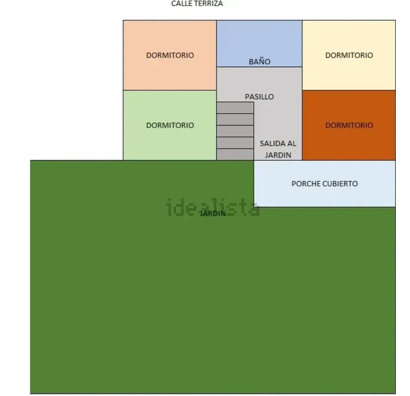 Plano de una casa, con dormitorios, baño, pasillo, acceso al jardín y un porche cubierto.