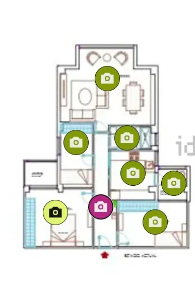 Plano de planta con iconos de cámara que indican la ubicación de las fotografías.