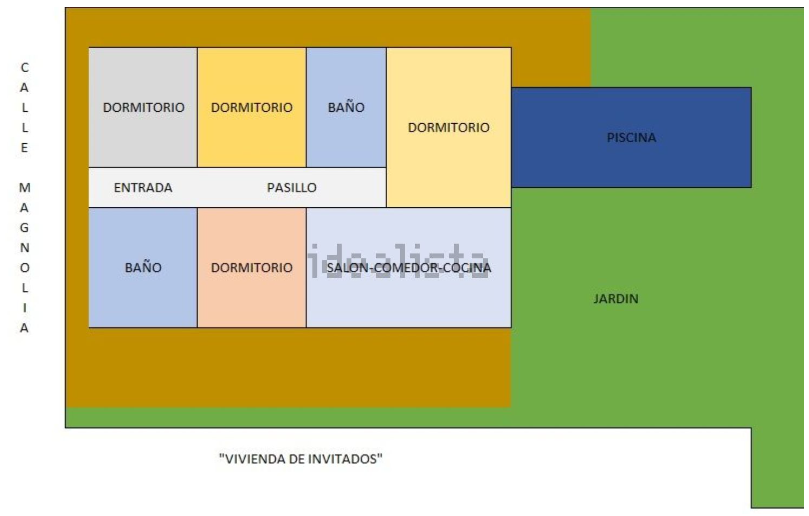 Plano de una casa con dormitorios, baños, zonas de estar, piscina y jardín.