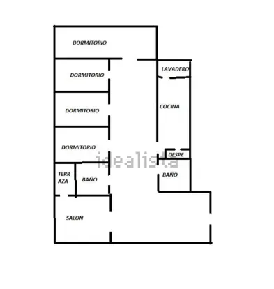 Plano de un apartamento, que muestra la distribución de los dormitorios, baños, cocina y sala de estar.