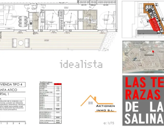 Plano de planta, plano del sitio y material de marketing para un desarrollo residencial llamado 