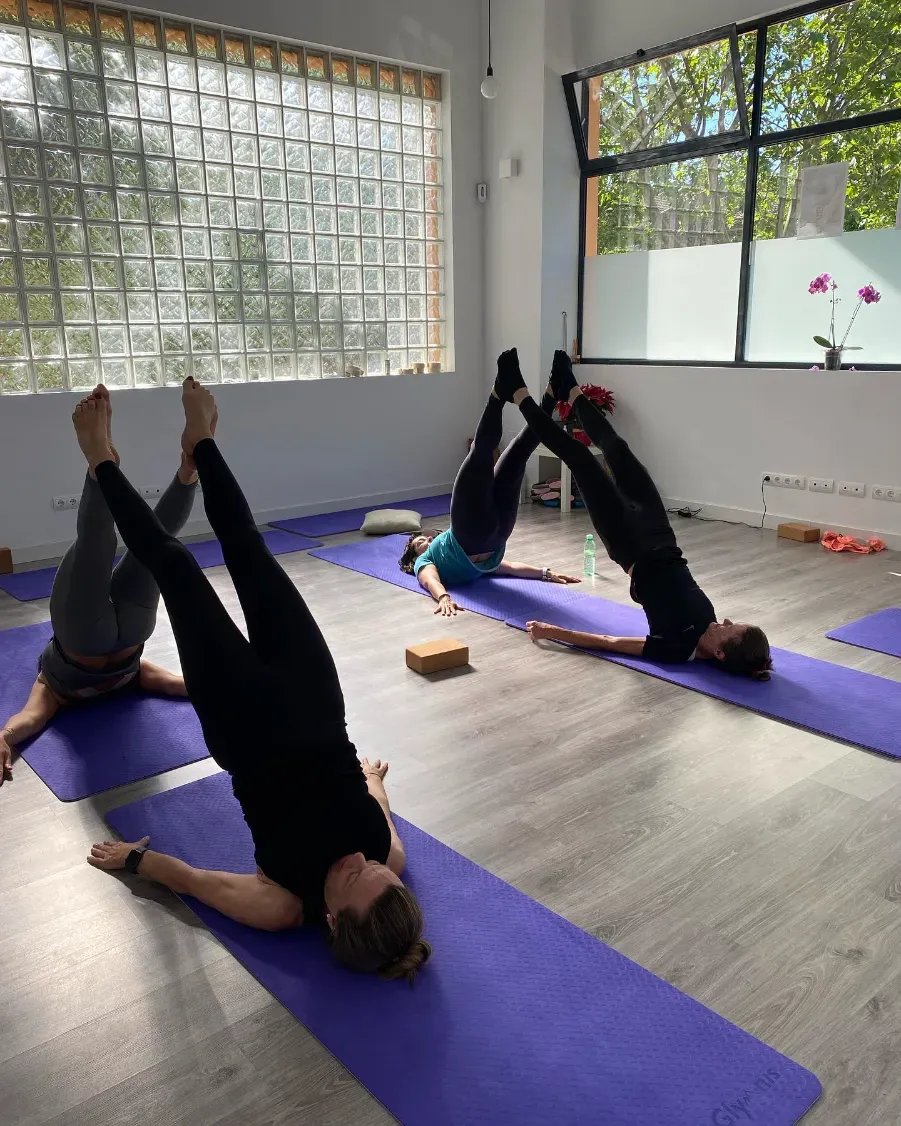 Personas en un estudio de yoga, haciendo paradas de hombros sobre colchonetas moradas.