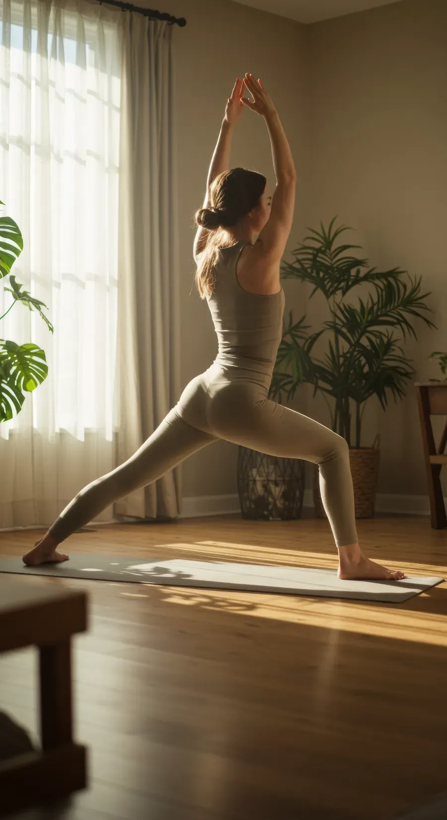 Una persona vestida con ropa de yoga color canela realiza la postura del guerrero sobre una esterilla en una habitación soleada e interior, con una planta de interior cerca.