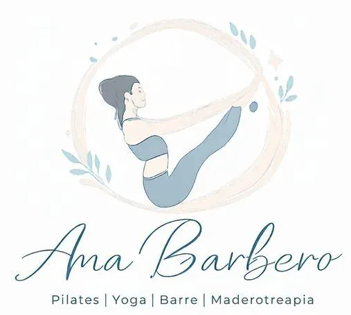 Logotipo de Ana Barbero. Una mujer en pilates posa dentro de un círculo de acuarela, con el texto "Ana Barbero".