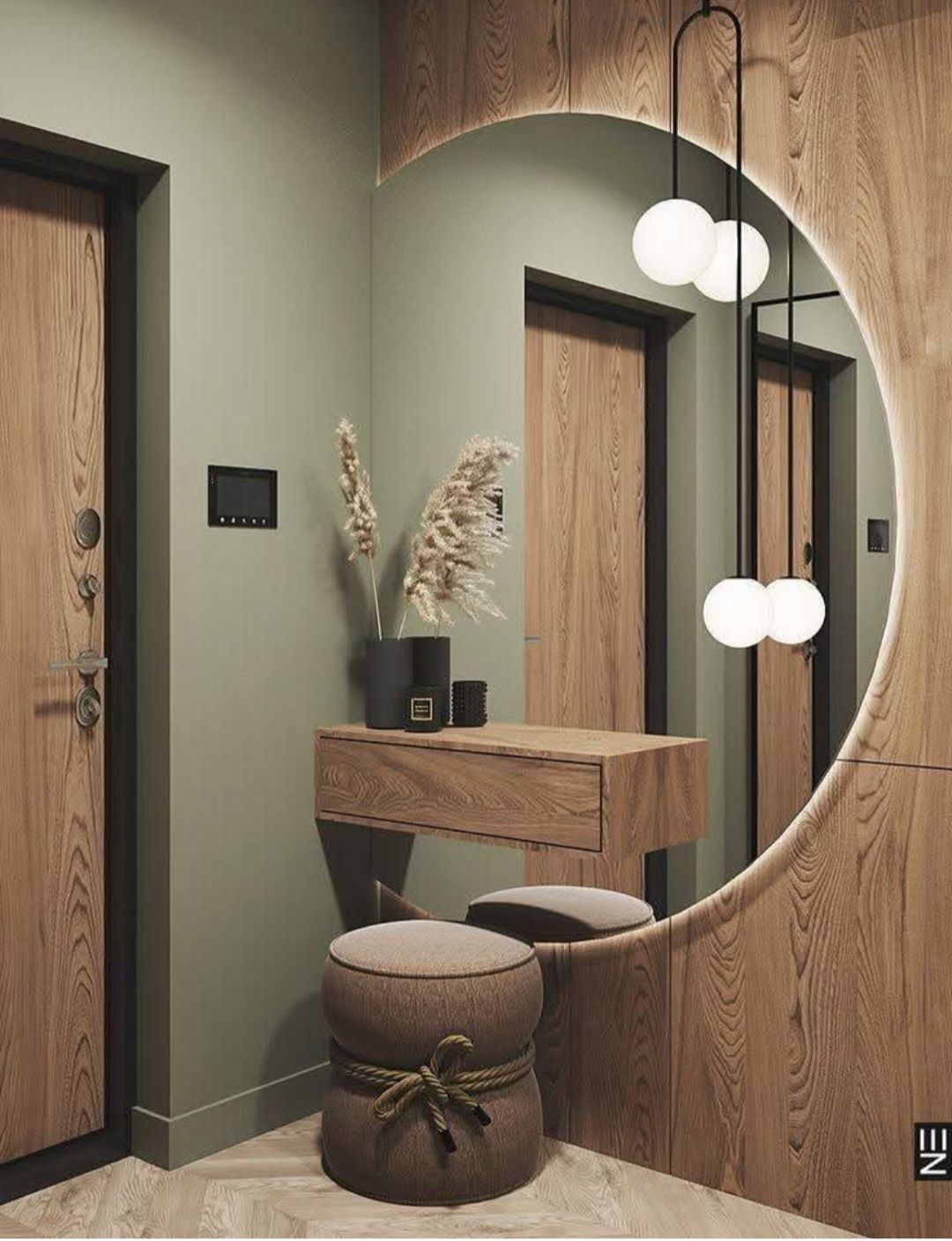 Entrée avec miroir rond, lambris, console suspendue et tabouret