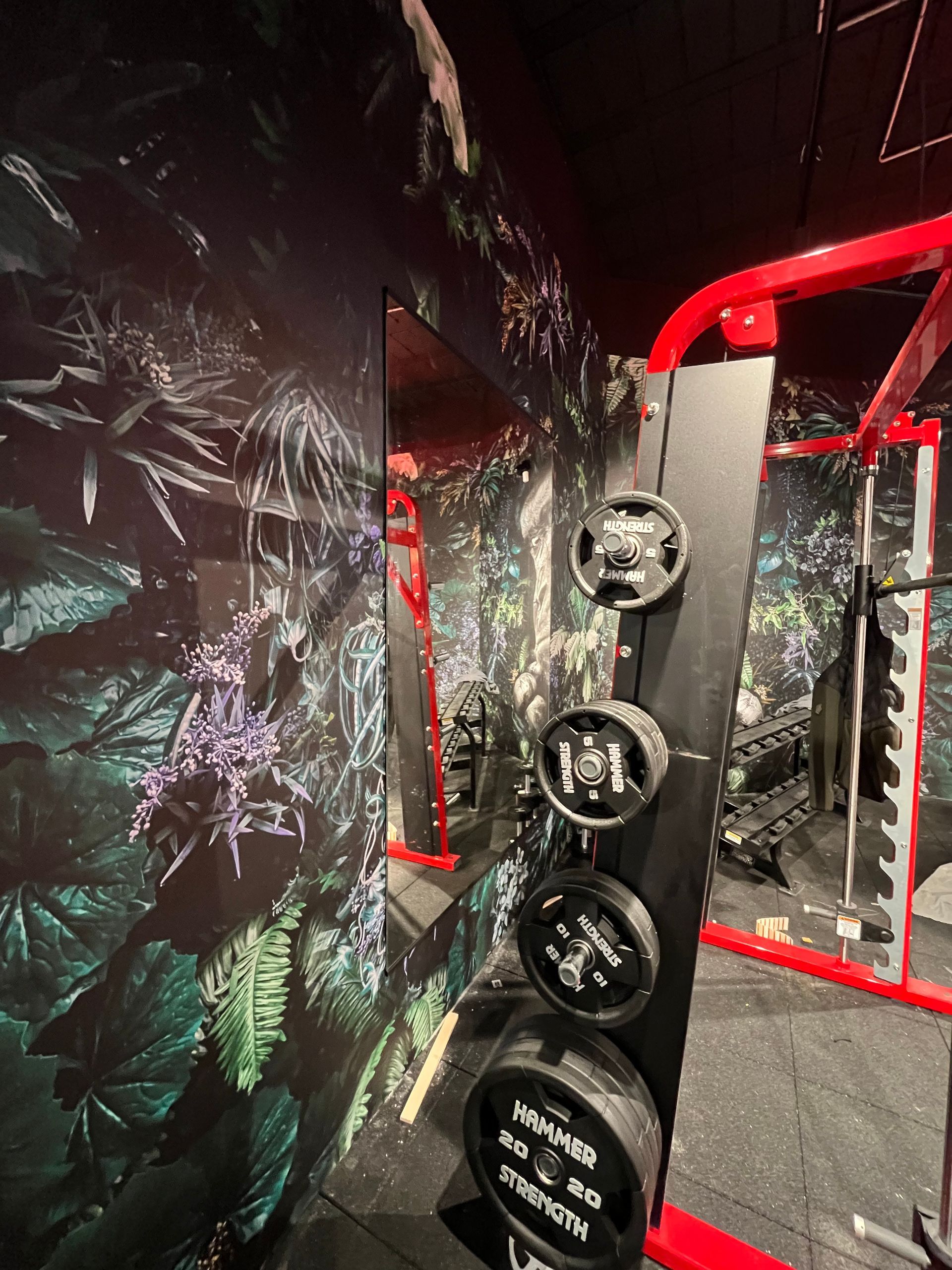 Un support pour haltères avec des poids noirs dans une salle de sport avec miroir