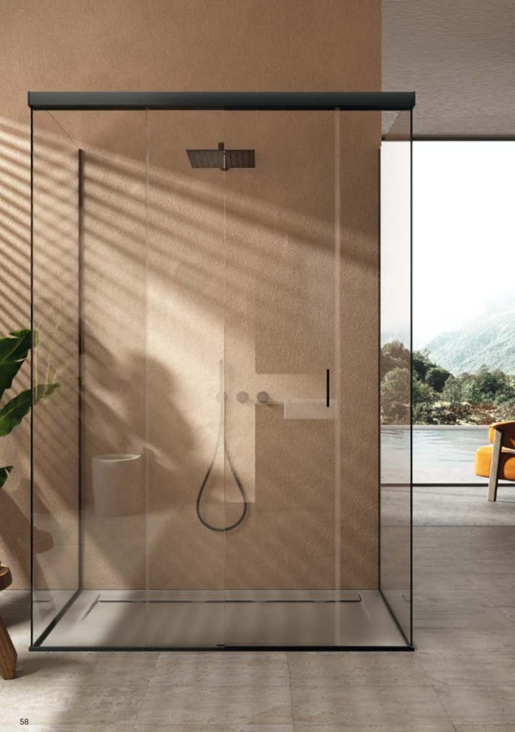 Paroi de douche en verre transparent avec cadre sombre, installée dans une salle de bain.
