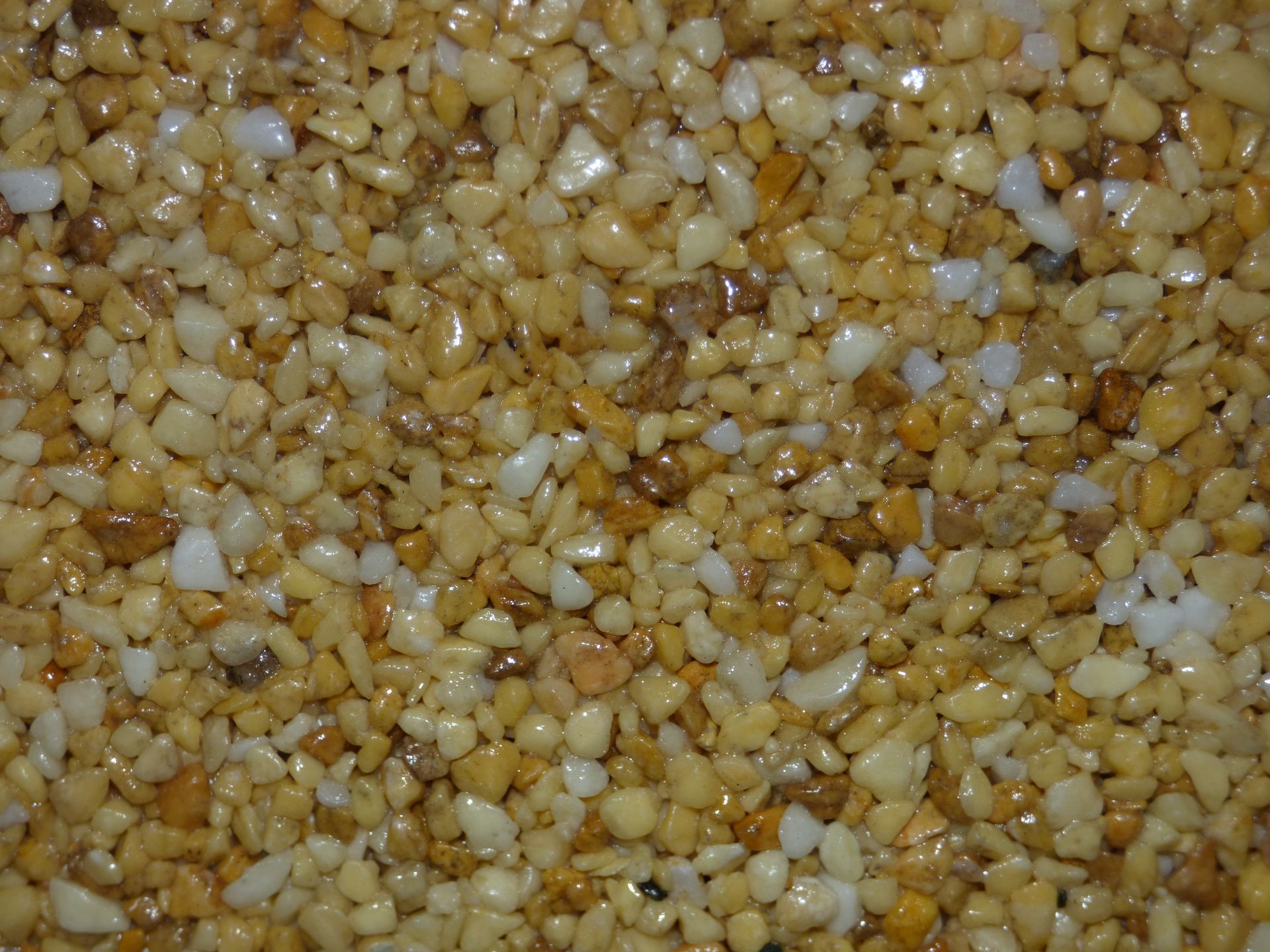 Gros plan d'une surface recouverte de petits galets multicolores et polis, à dominante beige et marron.