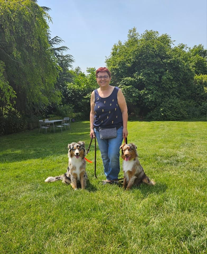 Femme avec ses deux bergers australiens