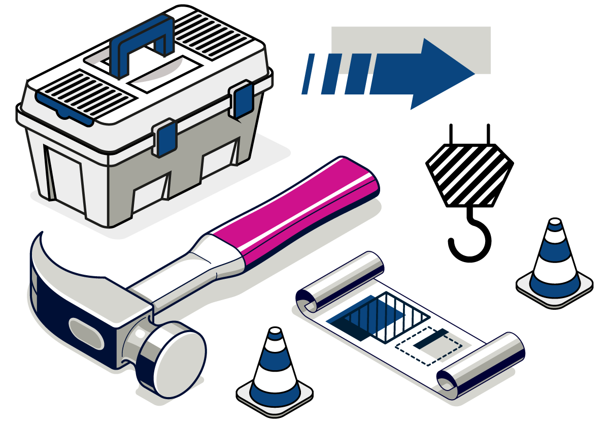 Marteau, caisse à outils et plots de signalisation.