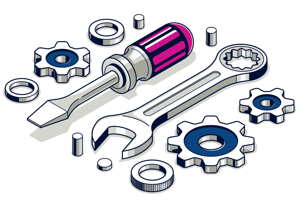 Tournevis, clé et engrenages.
