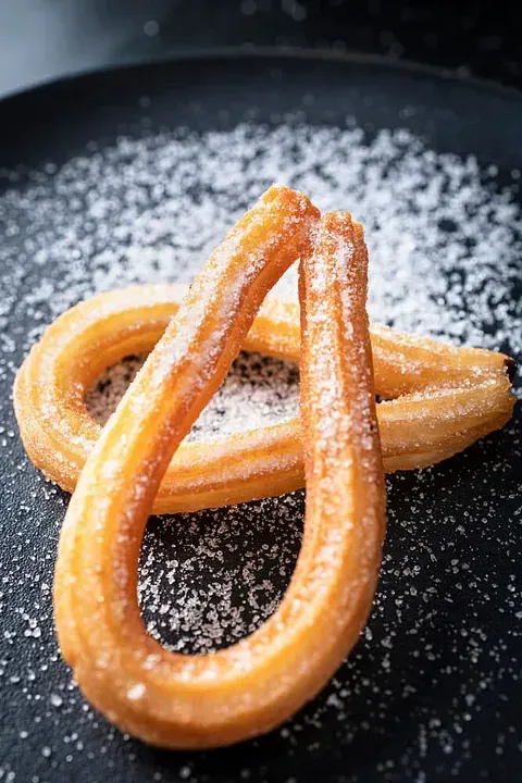 Dos churros con azúcar glas en un plato negro.