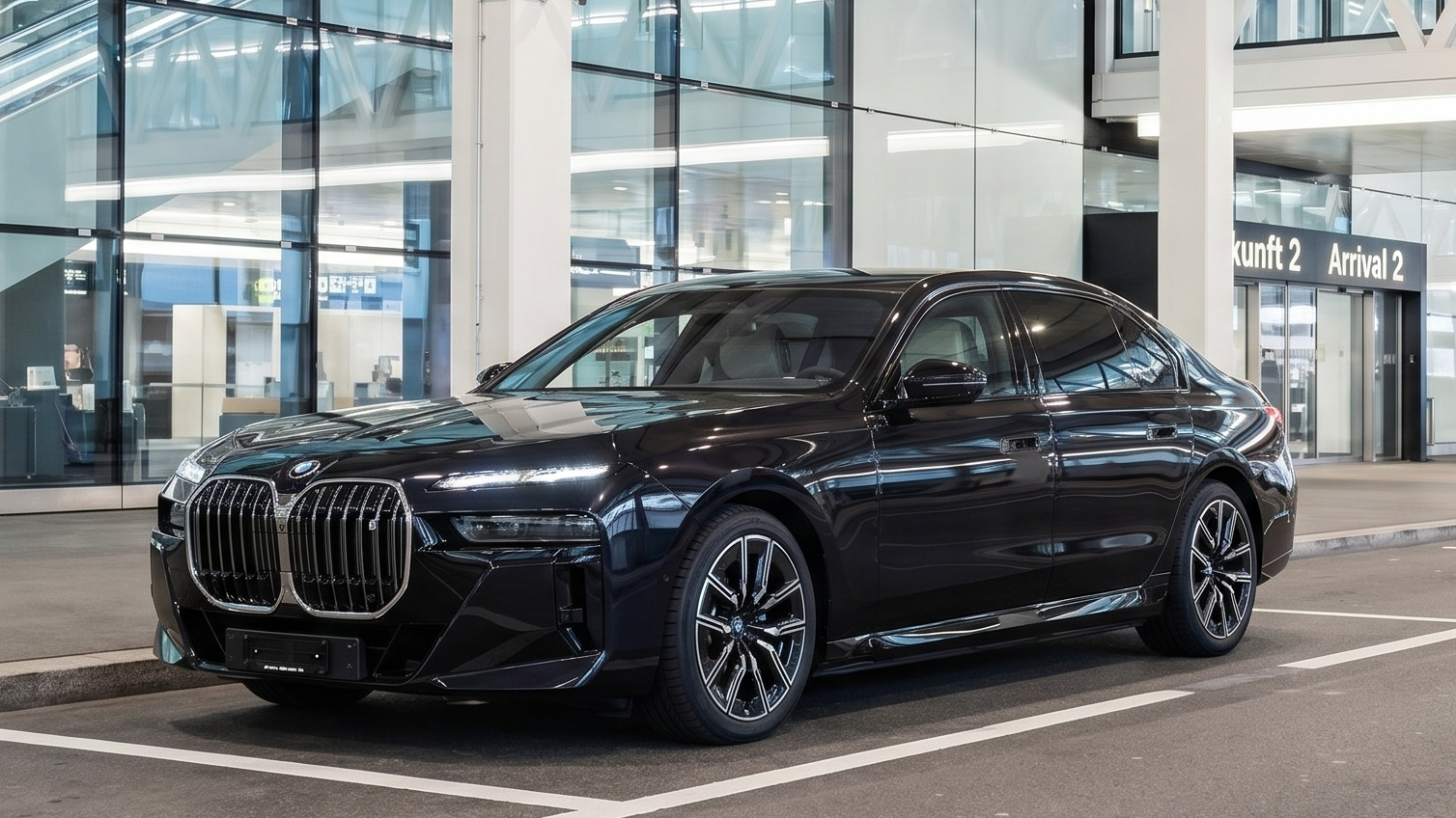 BMW i7 beim Flughafentransfer Luzern