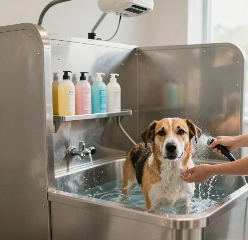 Un perro está siendo bañado en una bañera de acero inoxidable, con botellas de champú en un estante cercano.