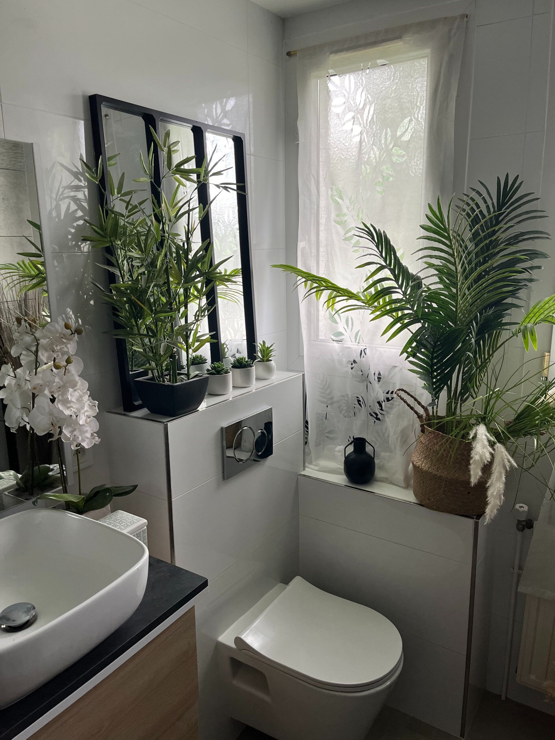 Salle de bains lumineuse avec murs blancs, plantes, miroir cadre noir, lavabo et toilettes blancs.