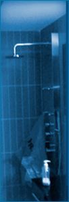 Ducha de baño con tinte azul, puerta de cristal y cabezal de ducha cromado visible
