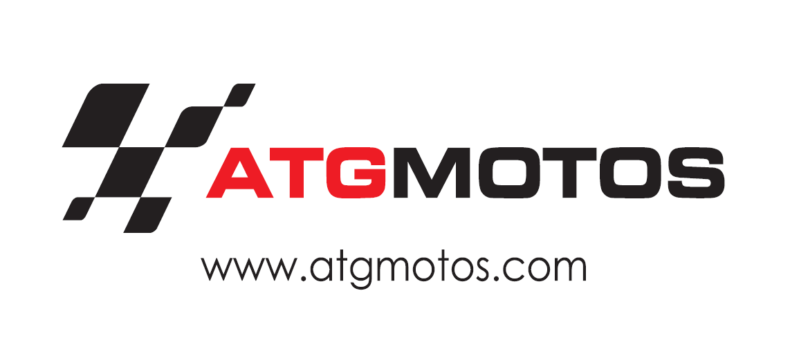 Logotipo de ATGMOTOS con texto negro y rojo y el sitio web www.atgmotos.com debajo.
